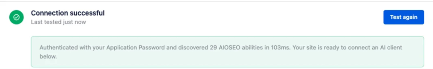 Un test di connessione riuscito che mostra le funzionalità AIOSEO scoperte