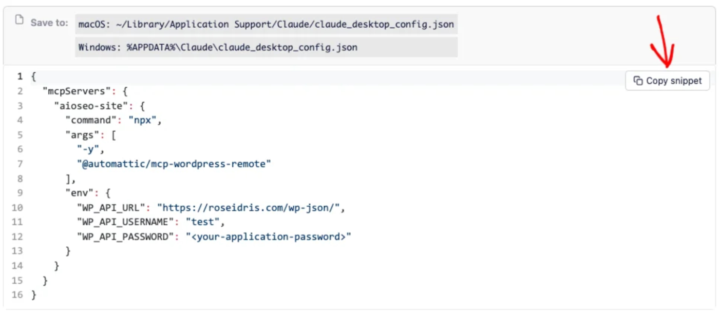 Lo snippet di configurazione di Claude Desktop con il pulsante Copia snippet