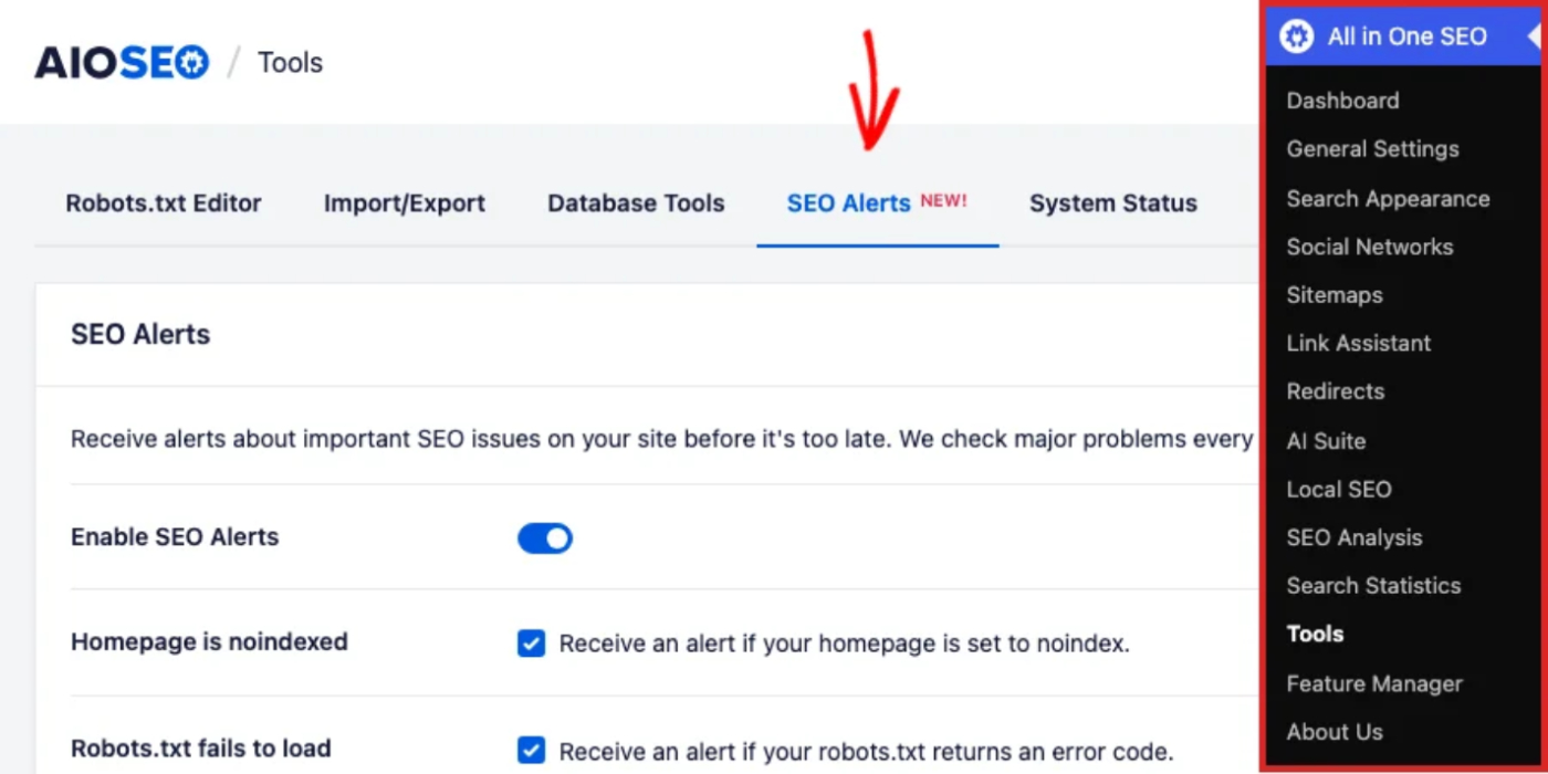 La pagina Strumenti in All in One SEO con la scheda Avvisi SEO selezionata