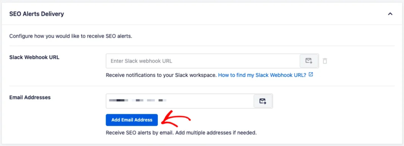 La sezione Consegna avvisi SEO con un campo webhook Slack e un indirizzo email aggiunto
