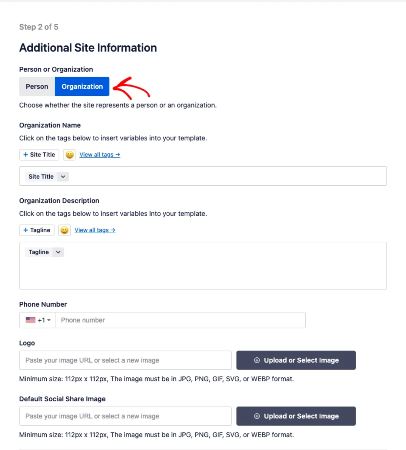 A etapa Informações Adicionais do Site com as opções de Pessoa ou Organização, campos de nome, número de telefone e logotipo