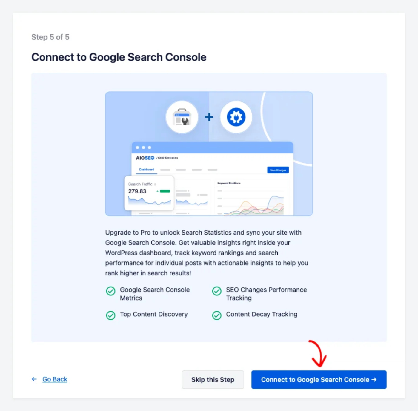 A etapa Conectar ao Google Search Console com os botões Conectar e Ignorar esta Etapa