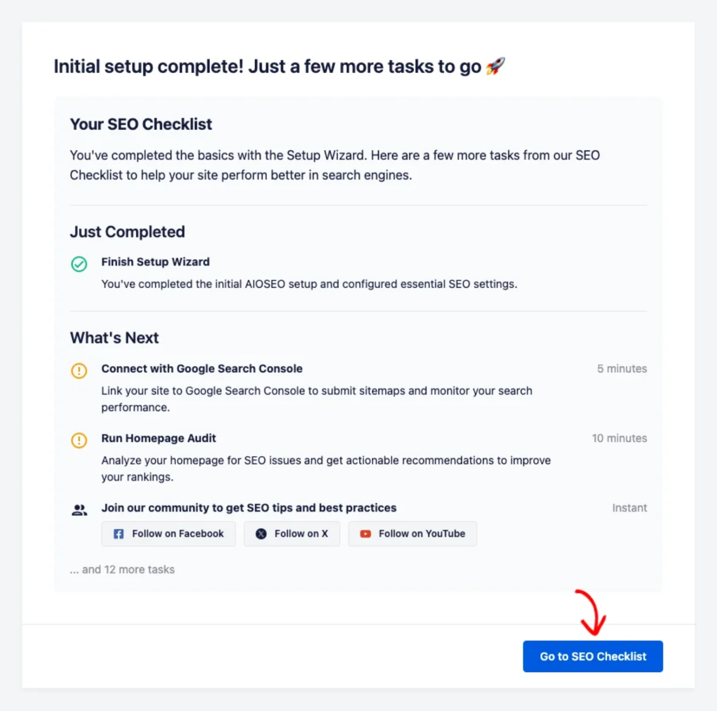 A tela de configuração completa com a Lista de Verificação de SEO e o botão Ir para a Lista de Verificação de SEO