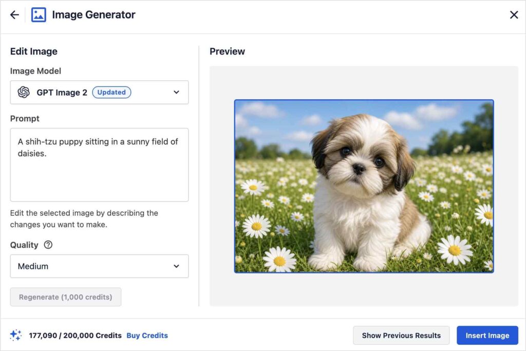 GPT Image 2 generated an image of a shih-tzu puppy in the WordPress editor.