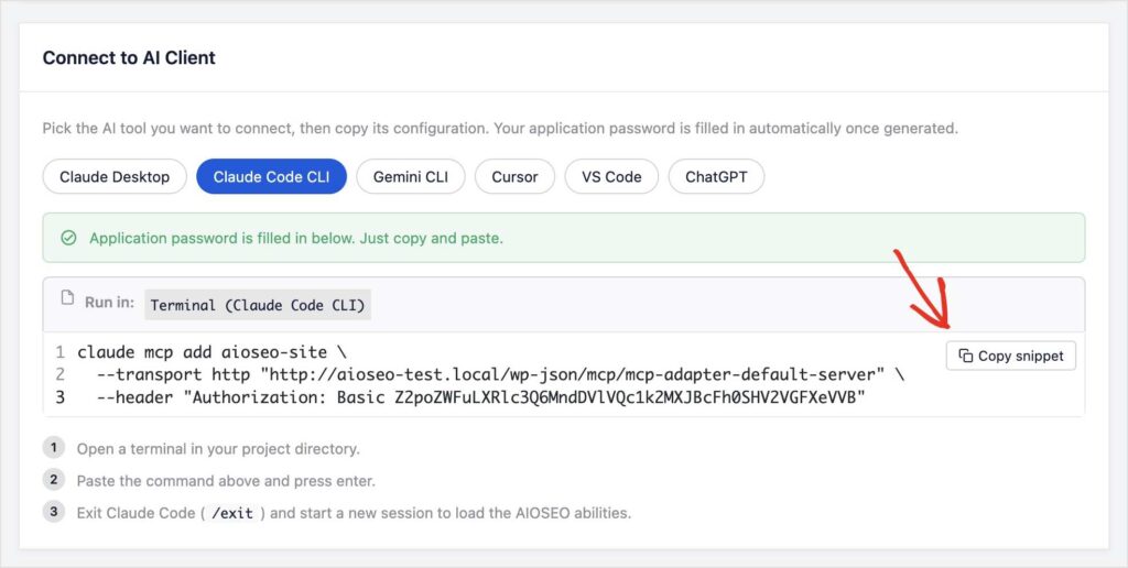 Copy Snippet Click copy snippet for the Claude Code CLI.