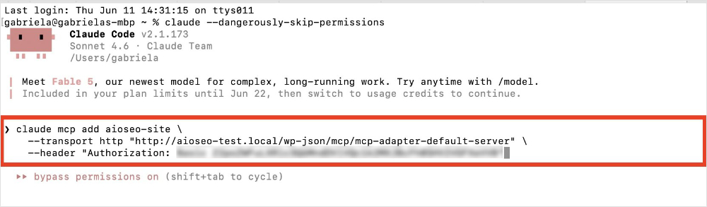 Claude Code CLI with the code snippet from the AIOSEO MCP.