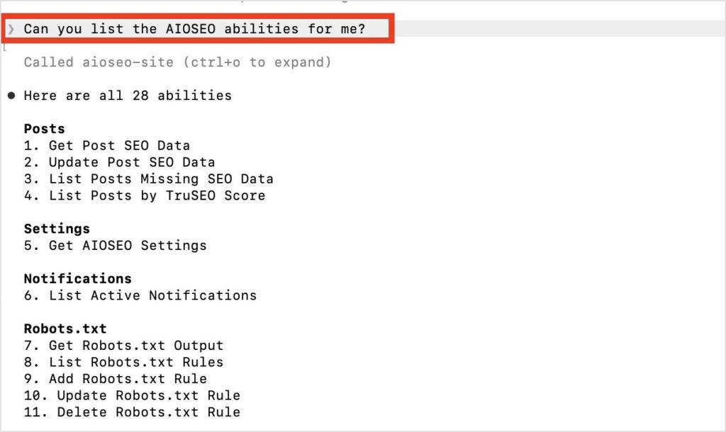 Claude Code CLI lists out 28 AIOSEO abilities after being prompted.