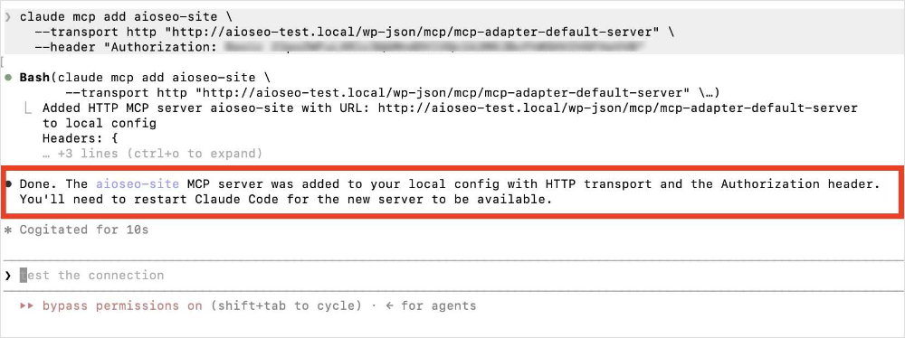 Claude Code confirms that the AIOSEO MCP server was added to the local config.