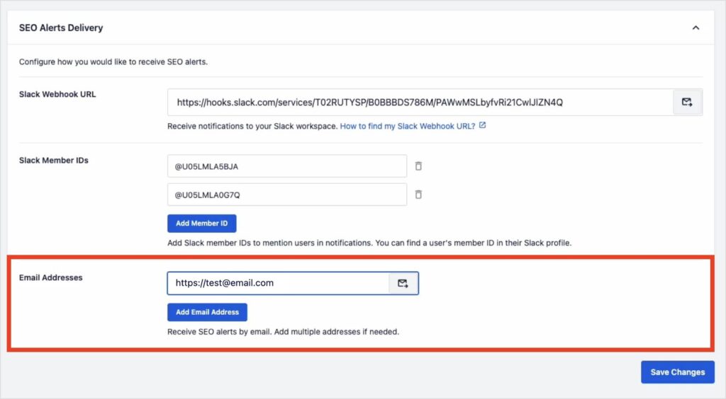 Aggiungi l'indirizzo email a cui desideri ricevere gli avvisi SEO.
