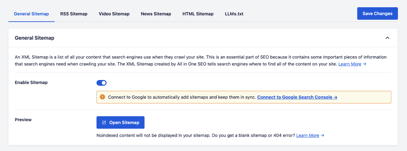 A alternância Habilitar Sitemap ativada nas configurações de Sitemaps do AIOSEO