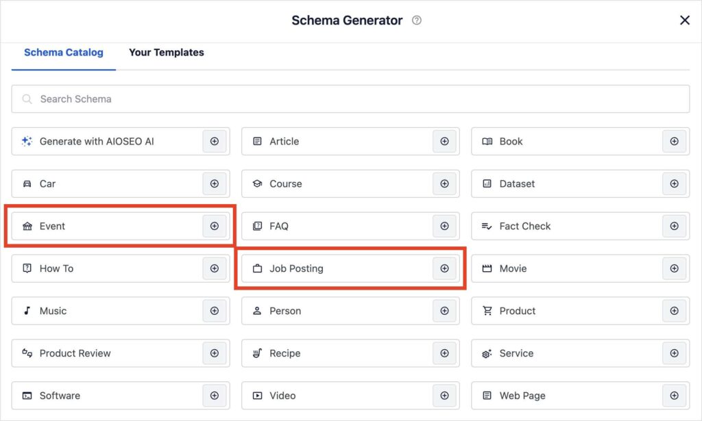 Event and job posting schema markup in the AIOSEO Schema Generator.