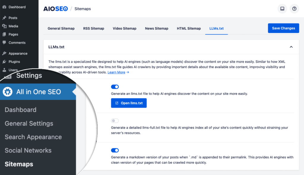 Eine Momentaufnahme des Dashboards von AIOSEO in WordPress, die Sitemaps anzeigt