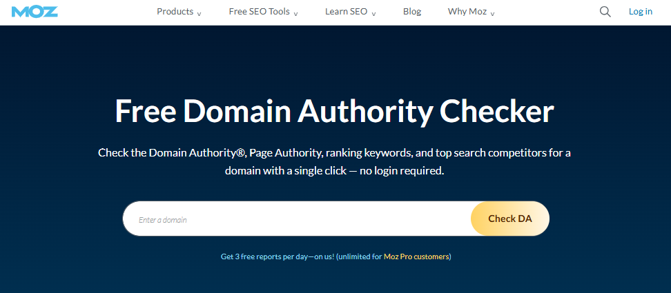 Moz Free Domain Authority Checker Held: blauer Farbverlauf-Banner mit großem Titel und Eingabefeld für eine Domain plus einer Schaltfläche „DA prüfen“ Domain Authority Checker Website-Autoritätsprüfer - Eine Momentaufnahme von Moz's Domain-Autoritätsprüfer