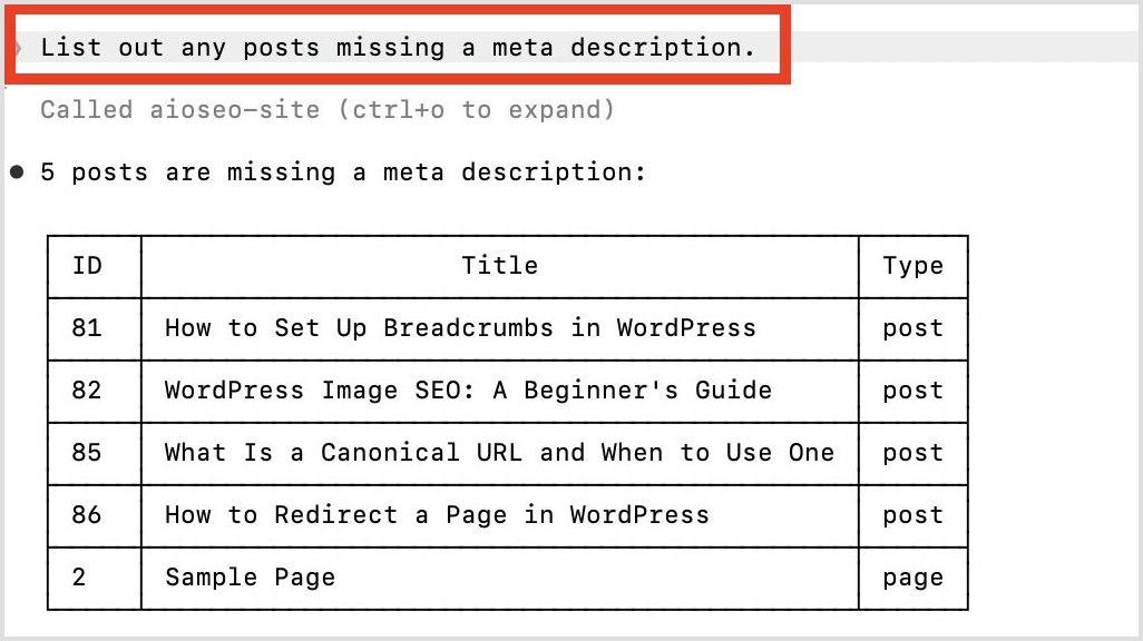 Prompt asking Claude to "list out any posts missing a meta description.