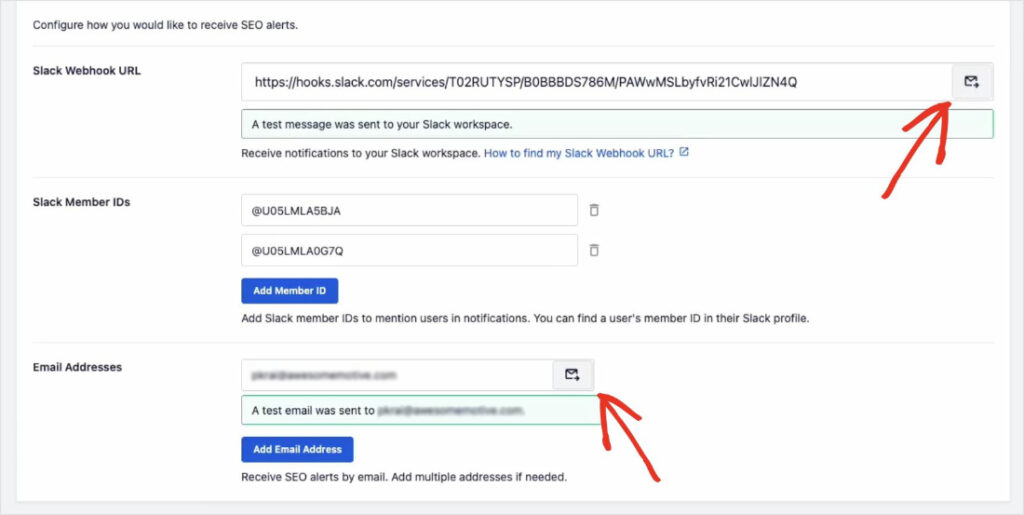 Testa gli avvisi SEO tramite Slack e email.