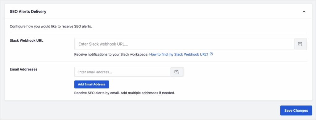 Aggiungi l'URL webhook di Slack nella configurazione di SEO Alerts.