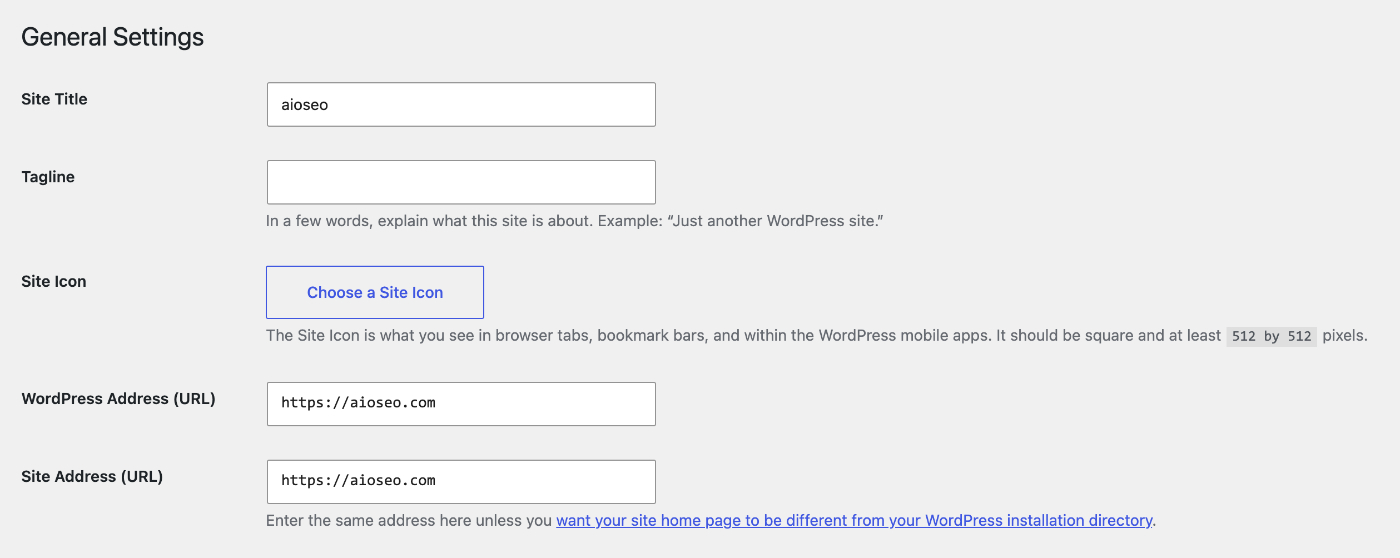Navegando para Configurações e depois Geral no WordPress, com o campo Endereço do site (URL) destacado