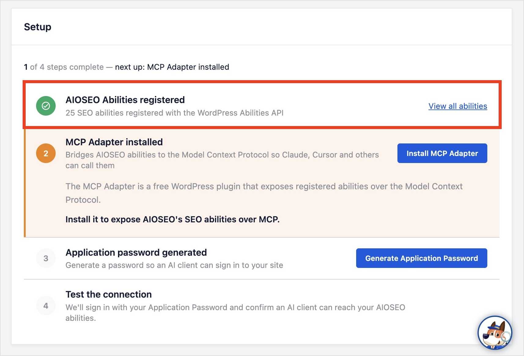 Step 1 shows AIOSEO abilities registered.