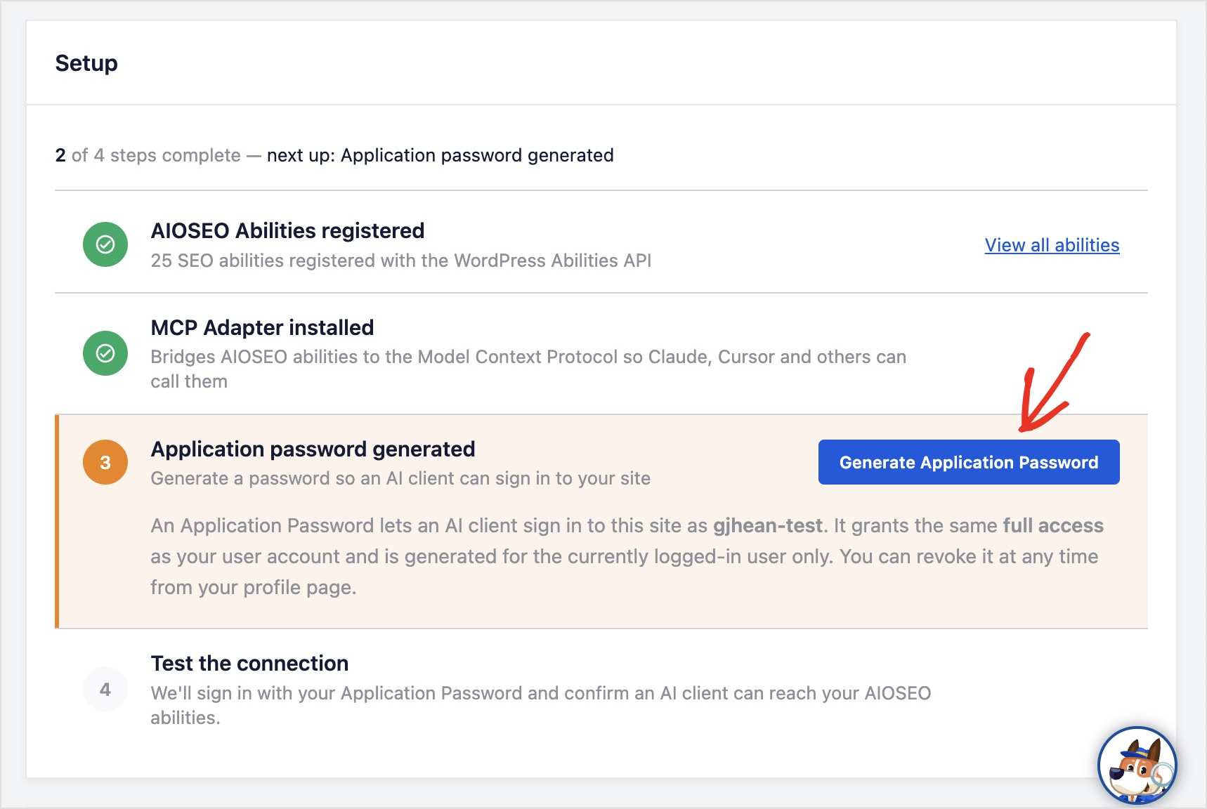 Step 3 of the AIOSEO MCP setup is to generate an application password.