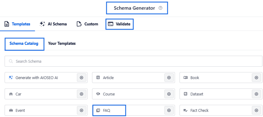 A snapshot of the schema generator in AIOSEO's WordPress dashboard
