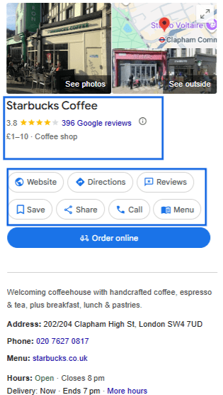 Restaurant SEO - a snapshot of Google Business profile in search results.