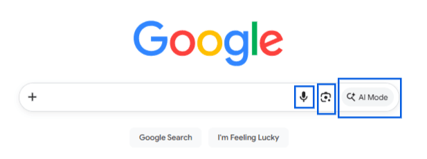 Google search homepage: logo above a long search bar with a mic icon and AI Mode button highlighted to the right.'s Search AI Overhaul Google's AI Search Overhaul - A snapshot of Google's search box