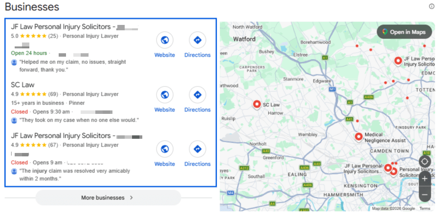 Law firm SEO - a snapshot of the local pack in Google search