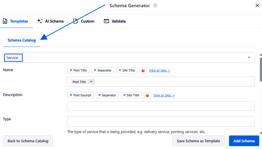 A snapshot of AIOSEO's schema generator showing how to add service schema in WordPress