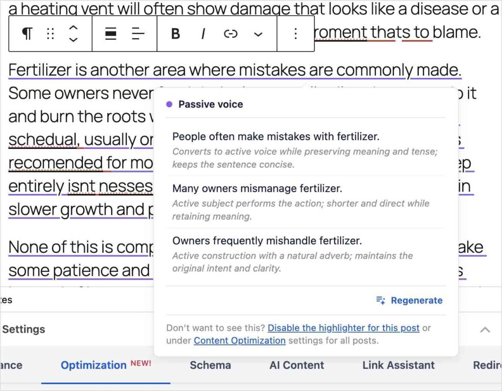 Overlay showing grammar suggestions about passive voice in a text editor, with three sample rewrites and a Regenerate button. Overlay showing grammar suggestions about passive voice in a text editor, with three sample rewrites and a Regenerate button.