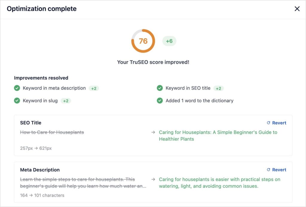 Puntuación TruSEO y cambios realizados después de optimizar con IA.