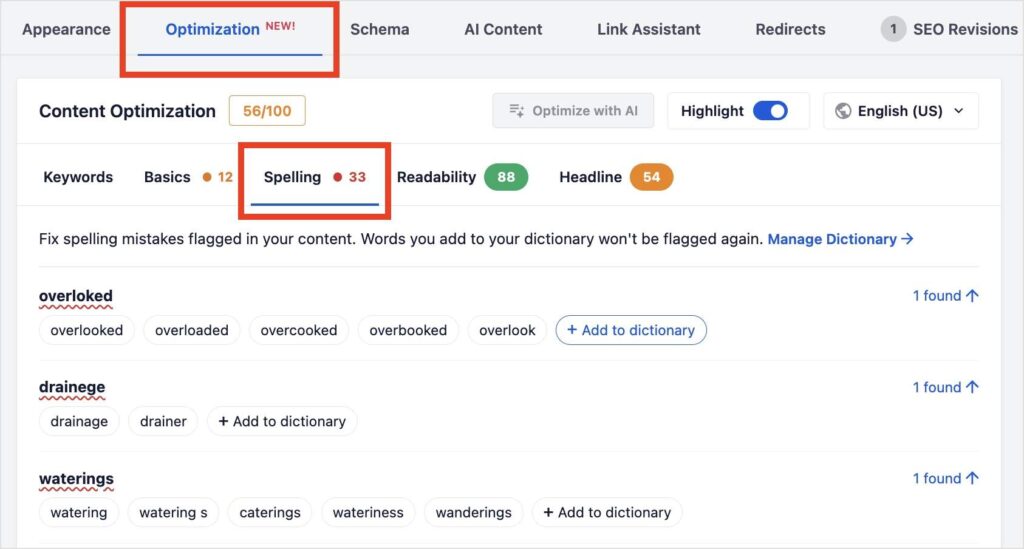 Scheda Ortografia nella dashboard di Ottimizzazione delle impostazioni di AIOSEO.