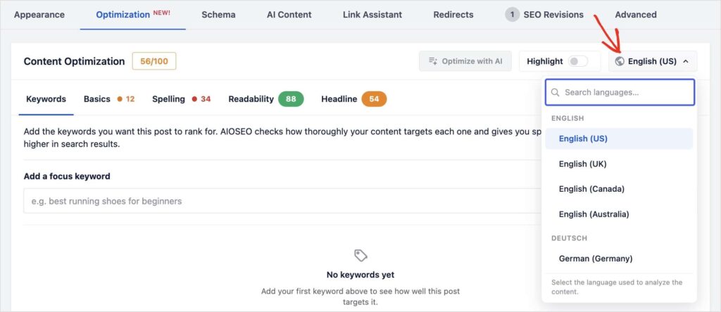 Impostazioni della lingua nell'editor dei post di WordPress.