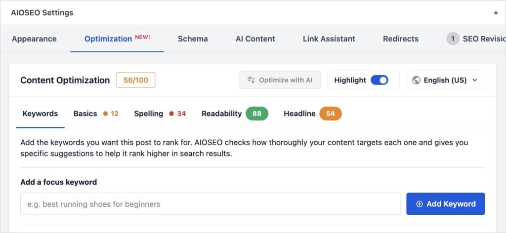AIOSEO Content Optimization panel showing keywords, readability, and add keyword CTA AIOSEO Content Optimization panel showing keywords, readability, and add keyword CTA