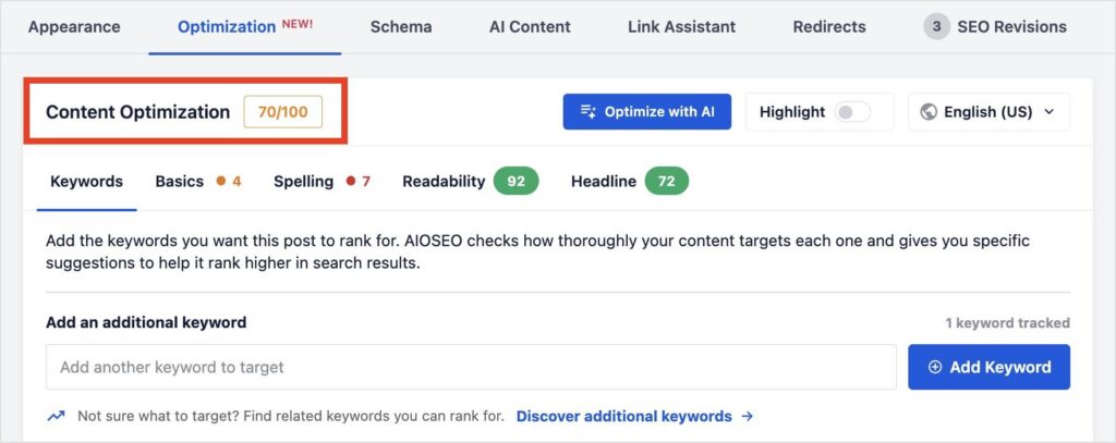 La puntuación TruSEO se muestra en la tarjeta de optimización de contenido de las meta-cajas del editor de WordPress.