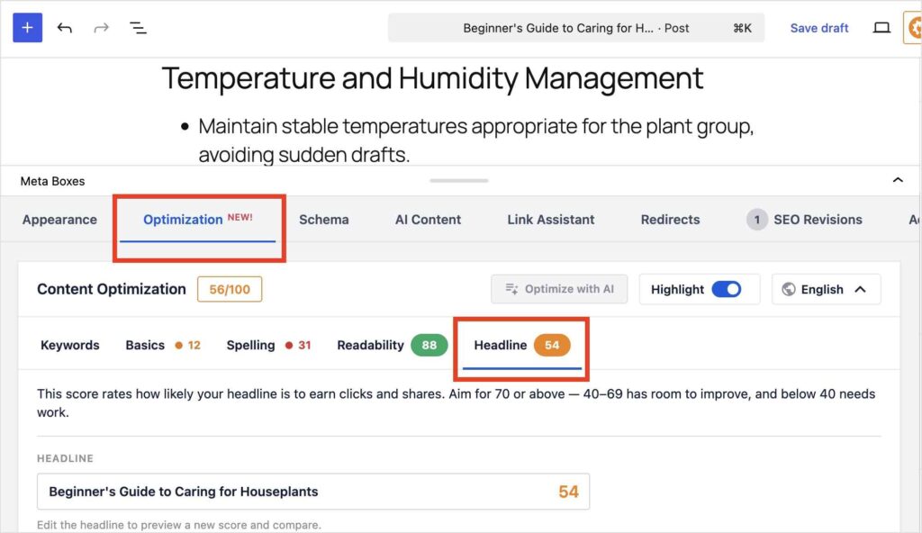 UI-Screenshot eines SEO/Content-Optimierungs-Tools, das den Optimierungs-Tab hervorgehoben zeigt und einen Headline-Score von 54 für 'Beginner's Guide to Caring for Houseplants' anzeigt. UI-Screenshot eines SEO/Content-Optimierungs-Tools, das den Optimierungs-Tab hervorgehoben zeigt und einen Headline-Score von 54 für 'Beginner's Guide to Caring for Houseplants' anzeigt.