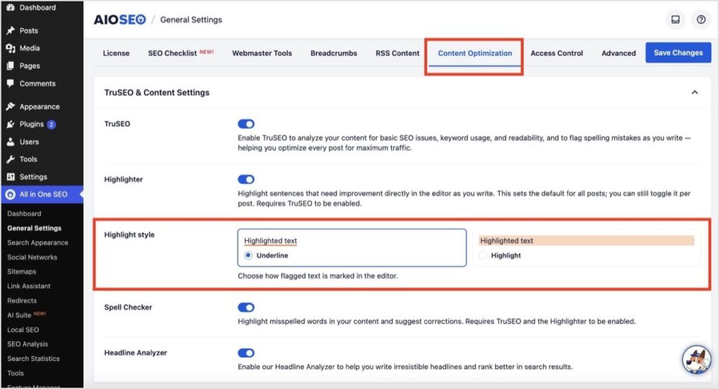 Le impostazioni dell'evidenziatore sono disponibili in AIOSEO > Impostazioni generali > Ottimizzazione dei contenuti.