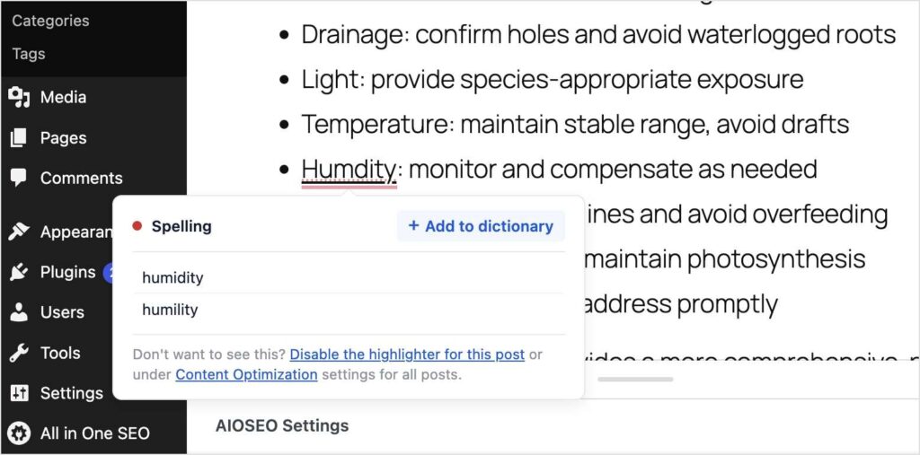 Screenshot of a WordPress editor with a bulleted list about plant care (drainage, light, temperature, humidity) and a spelling suggestions popup. Screenshot of a WordPress editor with a bulleted list about plant care (drainage, light, temperature, humidity) and a spelling suggestions popup.