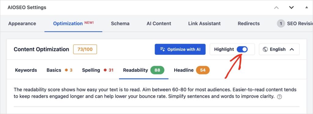 Schalter zum Aktivieren des TruSEO-Highlighters in einem WordPress-Beitrag.
