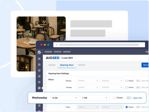 A snapshot of AIOSEO's local SEO feature showing the opening hour tab