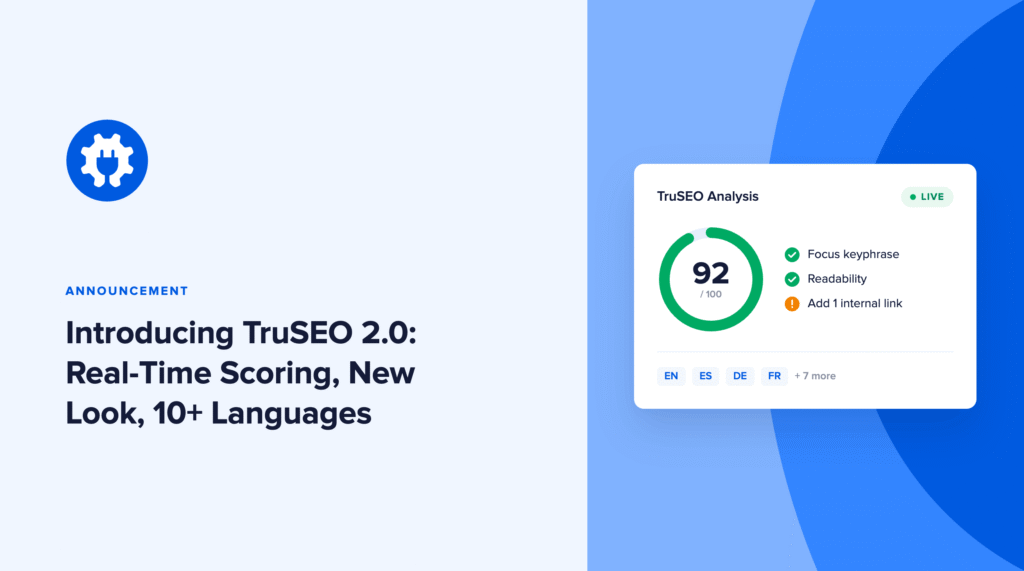 Announcement for TruSEO 2.0 with a live TruSEO Analysis card showing 92/100 and checks for keyphrase and readability on the right.