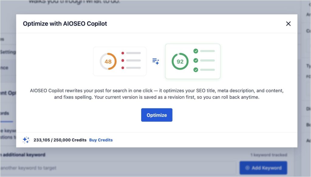 Pantalla que muestra optimizar con AIOSEO Copilot con un botón para optimizar.