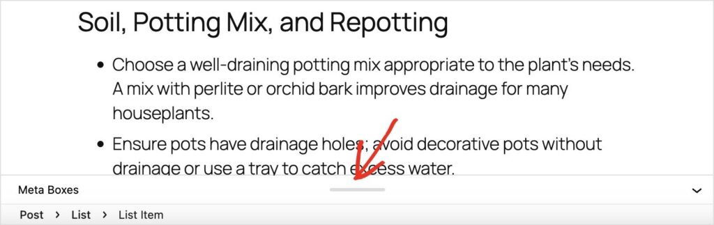 Barra de extracción para ver los cuadros meta del editor.