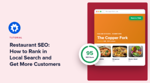 Tutorial hero with bold 'Restaurant SEO: How to Rank in Local Search and Get More Customers' title, blue gear icon on the left, and a right-side mock restaurant webpage showing a 95 SEO score badge. Tutorial hero with bold 'Restaurant SEO: How to Rank in Local Search and Get More Customers' title, blue gear icon on the left, and a right-side mock restaurant webpage showing a 95 SEO score badge.