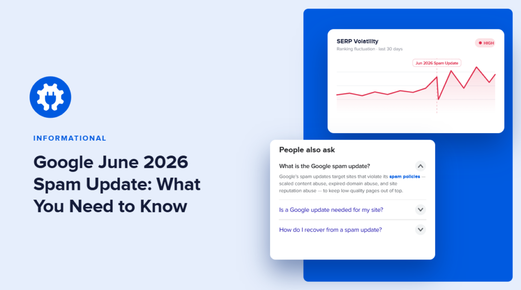 Héroe informativo para un artículo: titular en negrita 'Actualización de spam de Google de junio de 2026: lo que necesita saber' con un icono de engranaje azul a la izquierda y un panel azul con un gráfico de líneas y una tarjeta de preguntas frecuentes 'Otras preguntas' a la derecha.