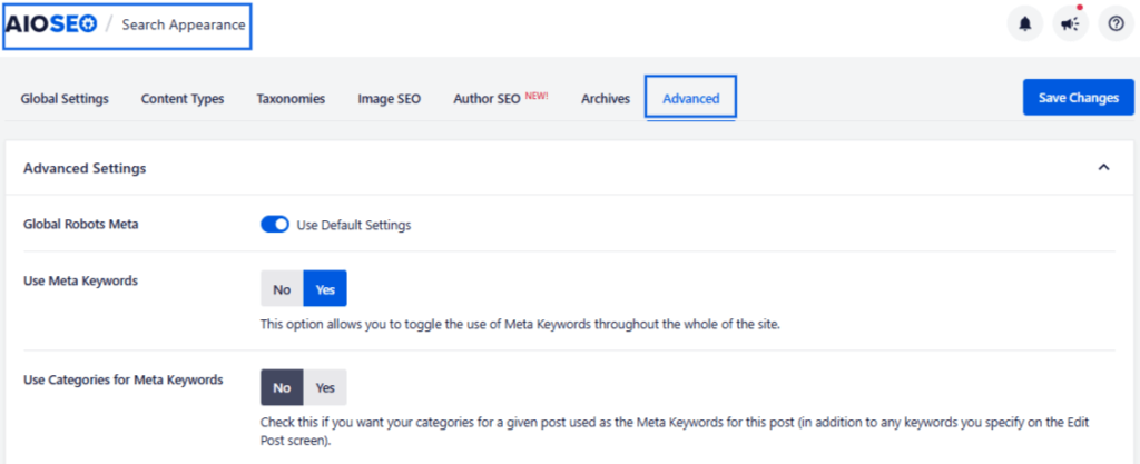 AIOSEO Advanced Settings: Global Robots Meta on, Use Meta Keywords on, Use Categories for Meta Keywords on. A snapshot showing advanced search appearance settings in AIOSEO WordPress dashboard