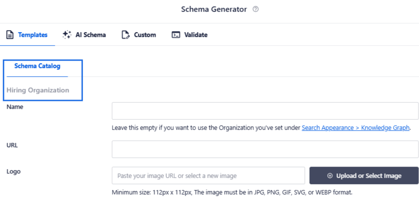 Uno snapshot che mostra la categoria organizzazione che assume nel generatore di schema
