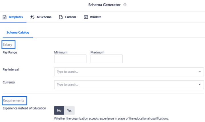 Uno snapshot che mostra le categorie stipendio e requisiti nel generatore di schema