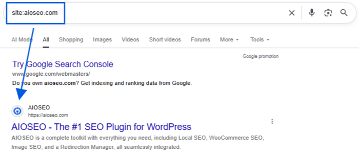 Screenshot of Google search results for site:aioseo.com, showing a result for AISEO0 — The #1 SEO Plugin for WordPress with a brief description and a Console promo entry. A snapshot showing how indexed sites appear in Google