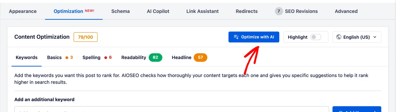 The Optimize with AI button in the Content Optimization section, with the post scoring 78 out of 100