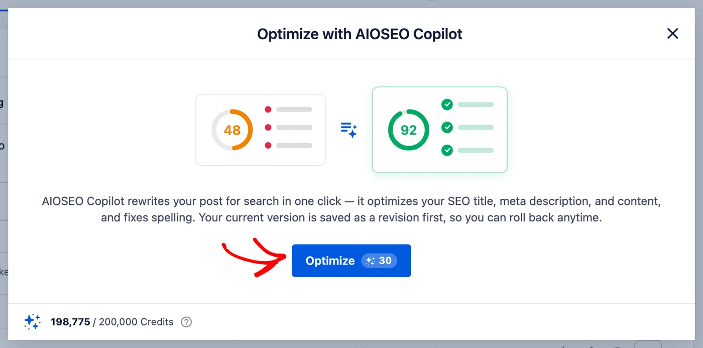 Modal 'Optimize with AIOSEO Copilot' describing score improvement and an 'Optimize' button